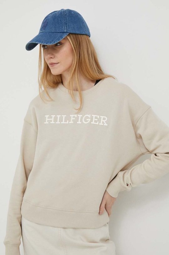 Βαμβακερή μπλούζα Tommy Hilfiger χωρίς κουκούλα μπεζ WW0WW38860