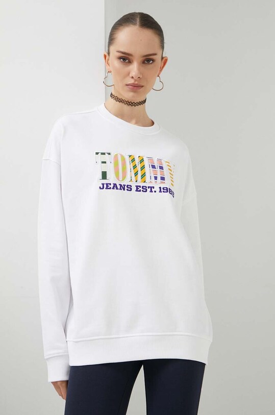 Βαμβακερή μπλούζα Tommy Jeans χωρίς κουκούλα λευκό DW0DW16246