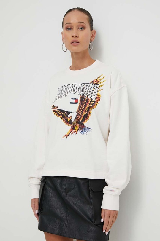 Bavlněná mikina Tommy Jeans nášivka béžová DW0DW16415