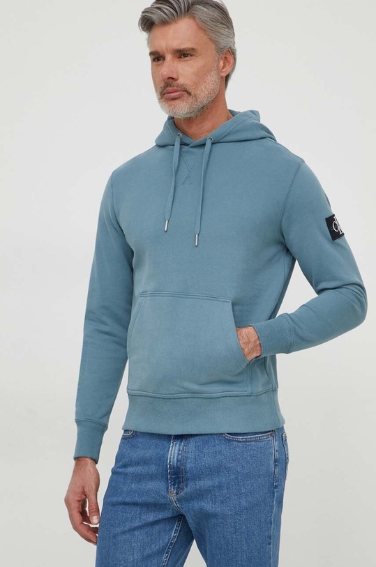Bavlněná mikina Calvin Klein Jeans s kapucí modrá J30J323430
