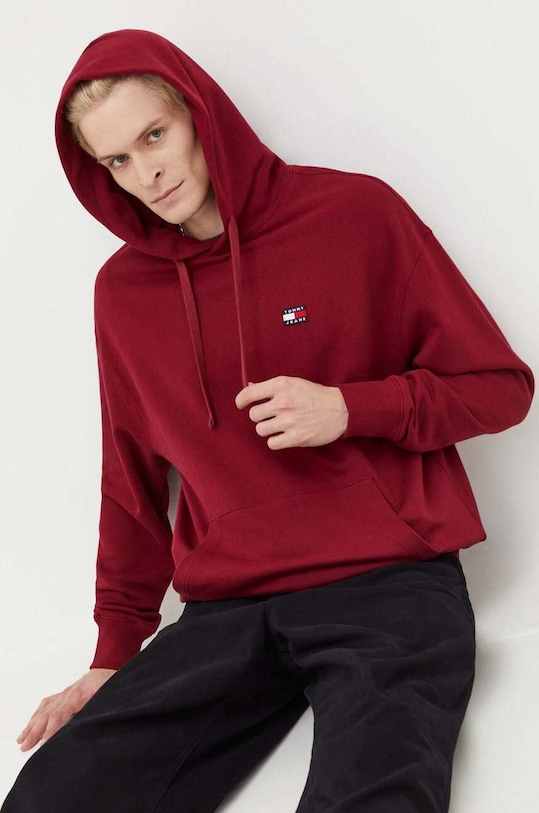 Bavlněná mikina Tommy Jeans s kapucí burgundské DM0DM16369