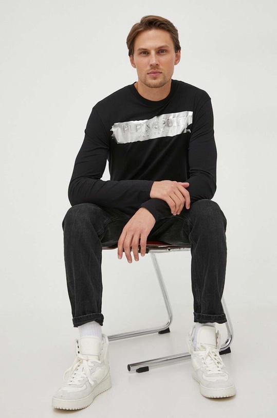 Βαμβακερή μπλούζα με μακριά μανίκια PLEIN SPORT AACC.MTK6671.STE003N μαύρο AW23