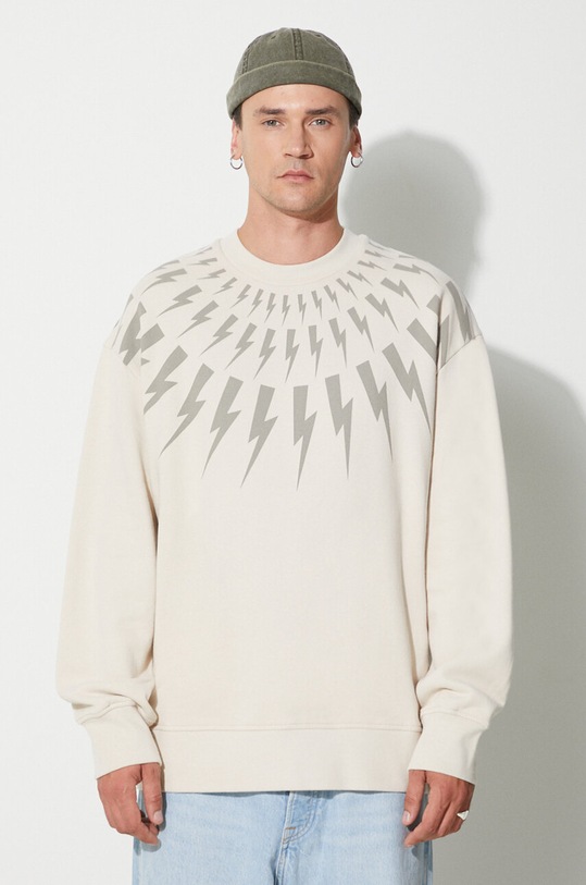 Bavlněná mikina Neil Barett FAIRISLE THUNDERBOLT bez kapuce béžová PBJS010S.V517S.3718