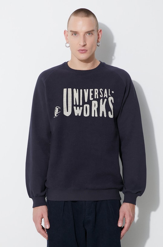 Pamučna dukserica Universal Works Mystery natpis mornarsko plava 29183