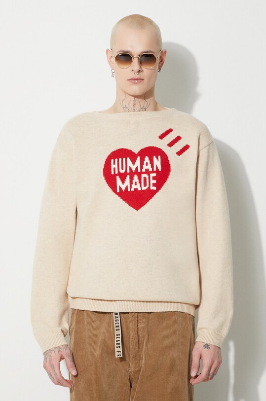 Пуловер с вълна Human Made Heart Knit Sweater бежов HM26CS030