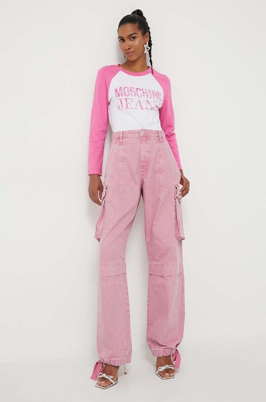 Βαμβακερή μπλούζα με μακριά μανίκια Moschino Jeans 1203.8262 ροζ AW23