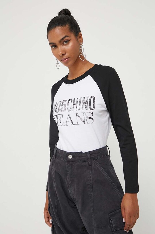 Moschino Jeans top a maniche lunghe in cotone sovrastampa nero 1203.8262