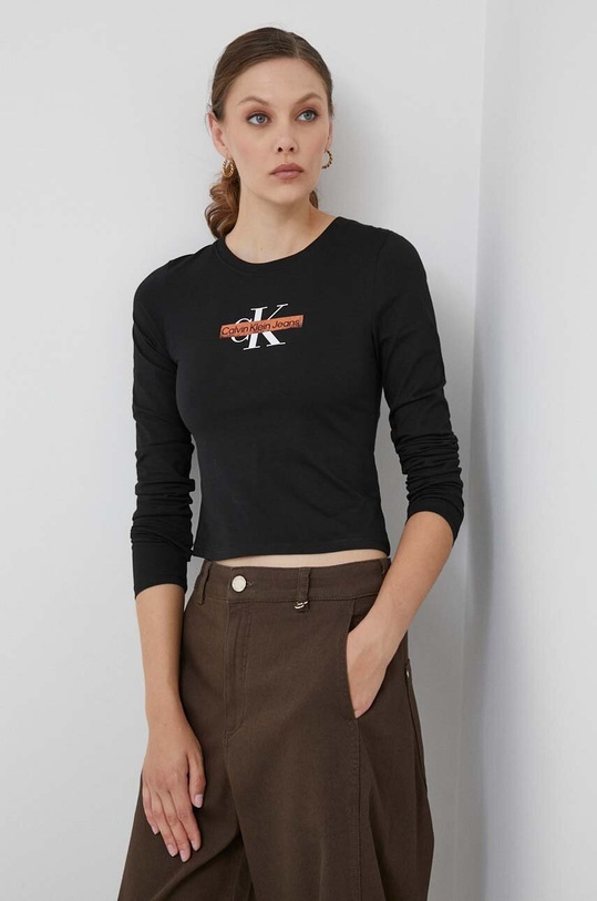 Bavlnené tričko s dlhým rukávom Calvin Klein Jeans potlač čierna J20J222717