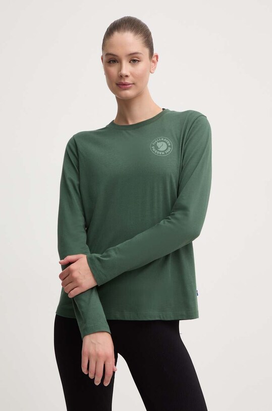 Bavlnené tričko s dlhým rukávom Fjallraven 1960 Logo potlač tyrkysová F86989.679