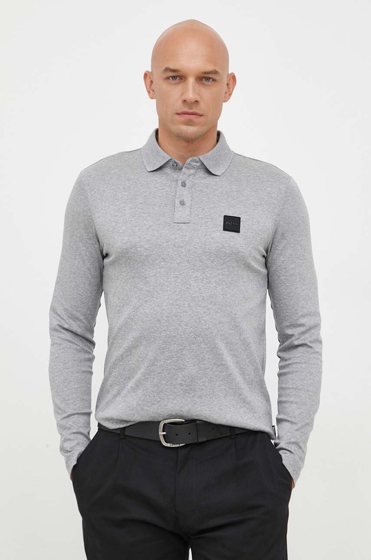 Bavlněné tričko s dlouhým rukávem BOSS hladký šedá 50485162