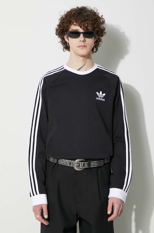 Хлопковый лонгслив adidas Originals 3-Stripes Long Sleeve Tee чёрный IA4877