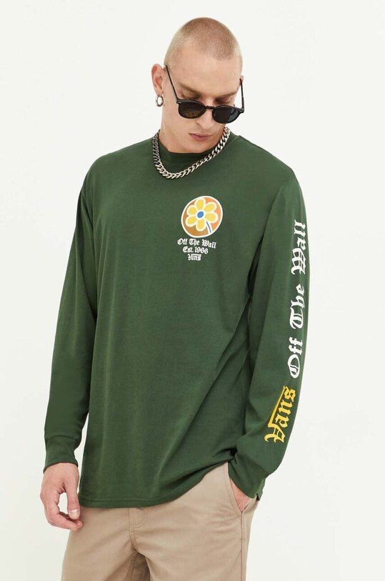Vans longsleeve bawełniany nadruk zielony VN0008F5BD61
