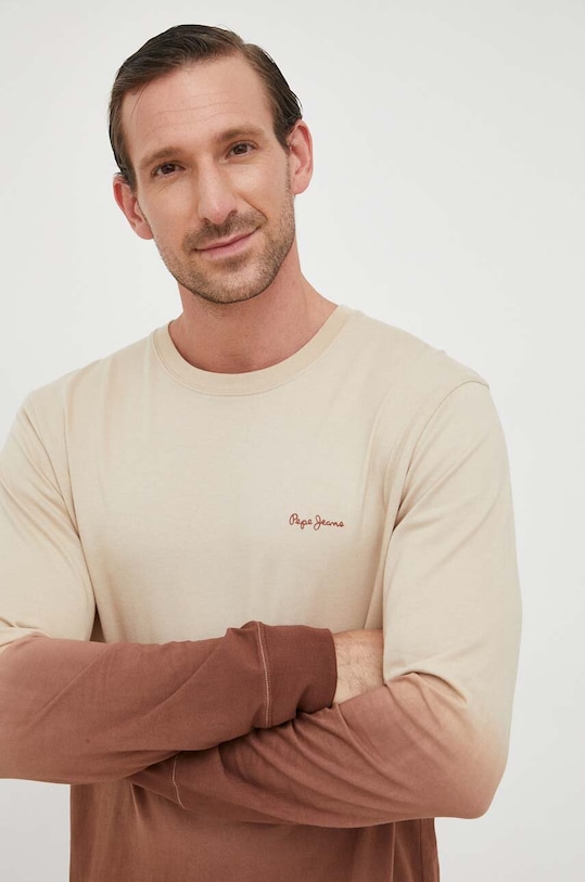 Pepe Jeans longsleeve din bumbac Kenneth cu modele bej PM509106.847