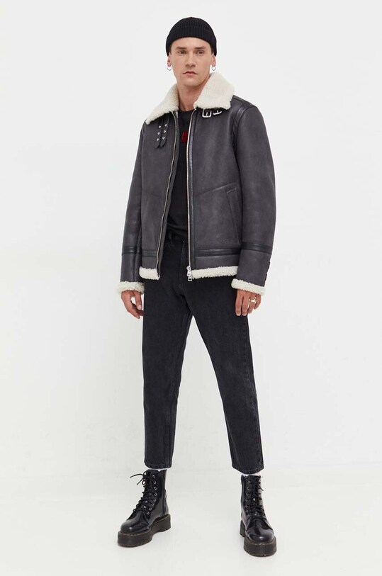 Δερμάτινο μπουφάν HUGO 50496630 γκρί AW23