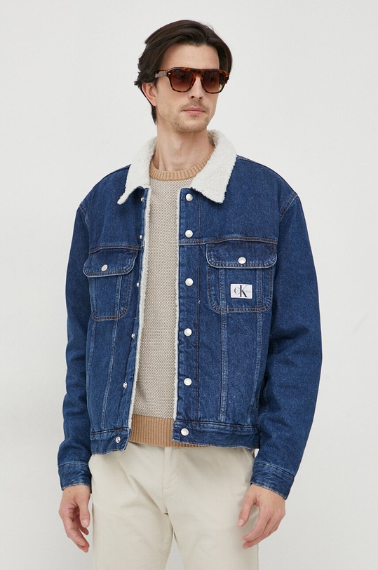 Rifľová bunda Calvin Klein Jeans bez kapucne modrá J30J323905