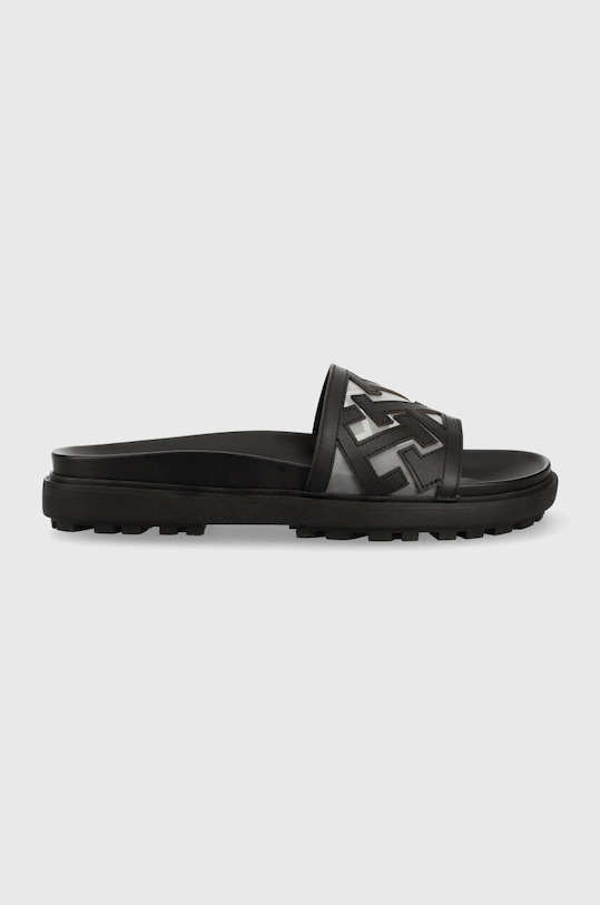 Δερμάτινες παντόφλες Tommy Hilfiger TH ELEVATED FLAT SANDAL ίσια πλατφόρμα μαύρο FW0FW07407