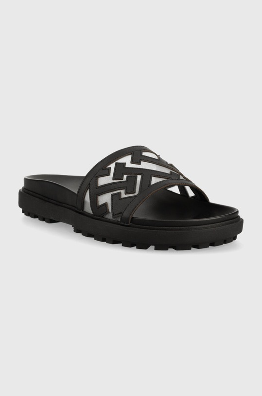 Δερμάτινες παντόφλες Tommy Hilfiger TH ELEVATED FLAT SANDAL FW0FW07407 μαύρο AW23