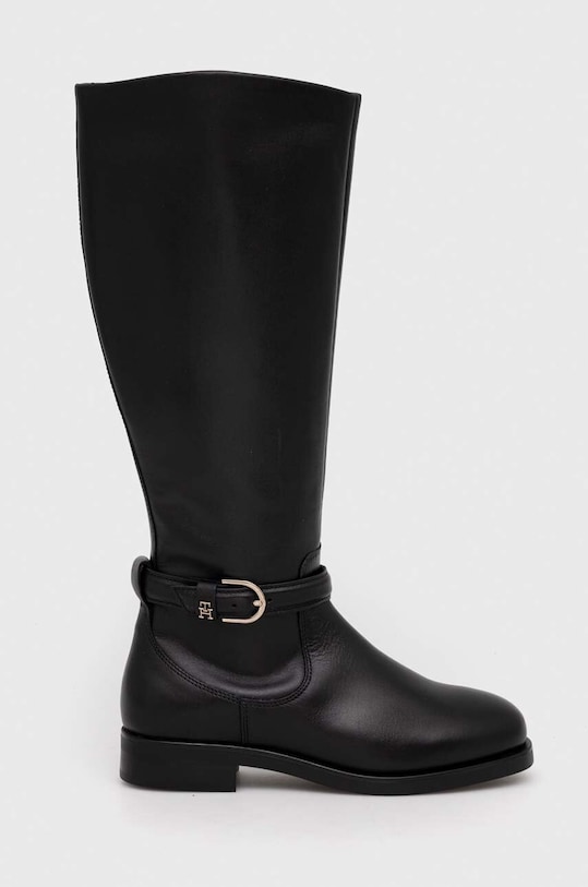 Δερμάτινες μπότες Tommy Hilfiger ELEVATED ESSENT THERMO LONGBOOT φλατ μαύρο FW0FW07484