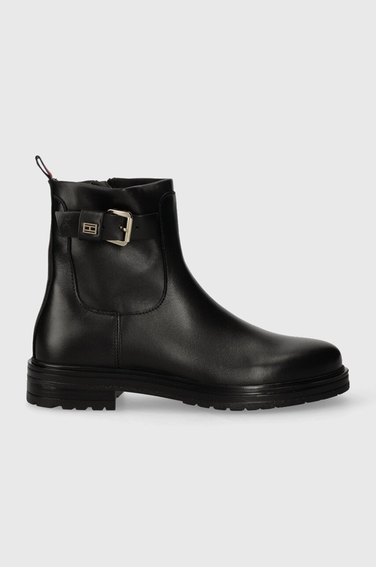 Tommy Hilfiger bőr csizma BELT BOOTIE LEATHER lapos fekete FW0FW07479