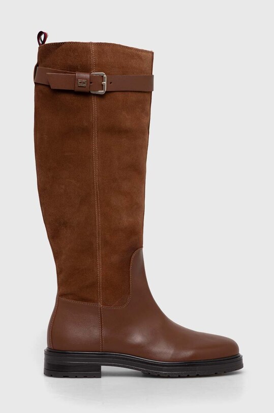 Kožne čizme Tommy Hilfiger CASUAL ESSENTIAL BELT LONGBOOT zrnata koža smeđa FW0FW07480