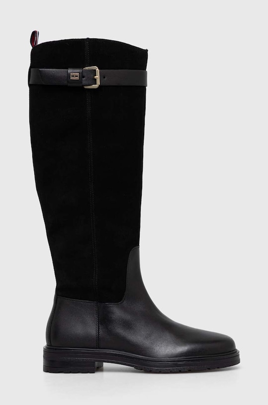 Tommy Hilfiger kozaki skórzane CASUAL ESSENTIAL BELT LONGBOOT skóra zamszowa czarny FW0FW07480