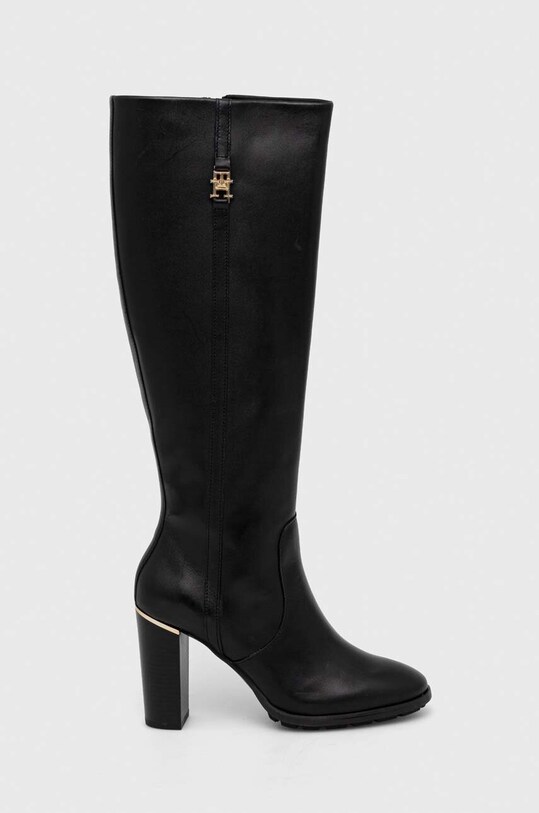 Kožne čizme Tommy Hilfiger FEMININE TH HARDWARE LONGBOOT zrnata koža crna FW0FW07541