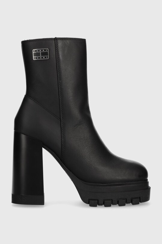 Tommy Jeans cizme de piele TJW HIGH HEEL ANKLE BOOT peste 8 cm negru EN0EN02256