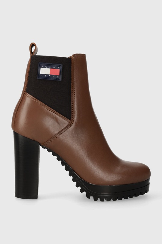 Δερμάτινες μπότες Tommy Jeans TJW NEW ESS HIGH HEEL BOOT φλατ καφέ EN0EN02439