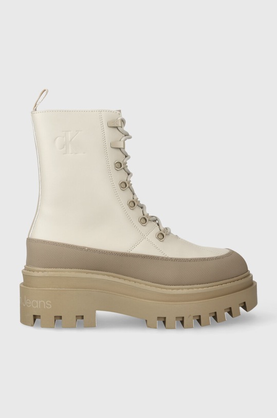 Kožené workery Calvin Klein Jeans FLATFORM LACE UP BOOT LTH platforma béžová YW0YW01110