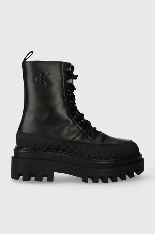 Кожаные полусапоги Calvin Klein Jeans FLATFORM LACE UP BOOT LTH без утепления чёрный YW0YW01110