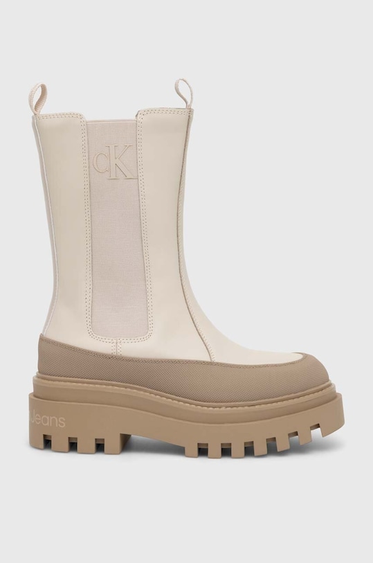 Δερμάτινες μπότες τσέλσι Calvin Klein Jeans FLATFORM CHELSEA BOOT LTH WN υφασμάτινο μπεζ YW0YW01111