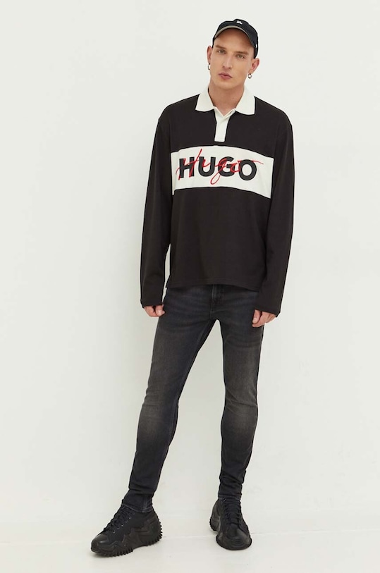 Βαμβακερή μπλούζα με μακριά μανίκια HUGO 50494348 μαύρο AW23