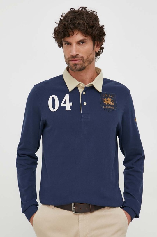 La Martina top a maniche lunghe in cotone applique blu navy WMPE32