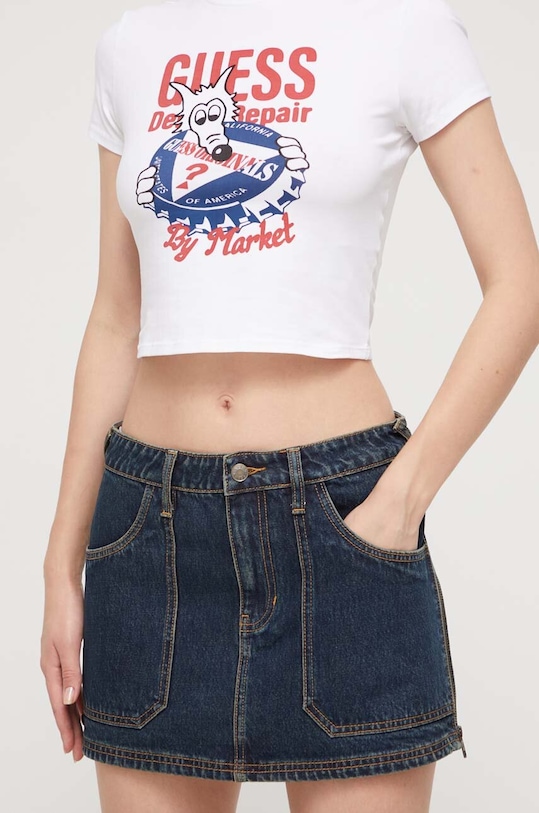 Rifľová sukňa Guess Originals bavlna tmavomodrá W3BG14D4XY0