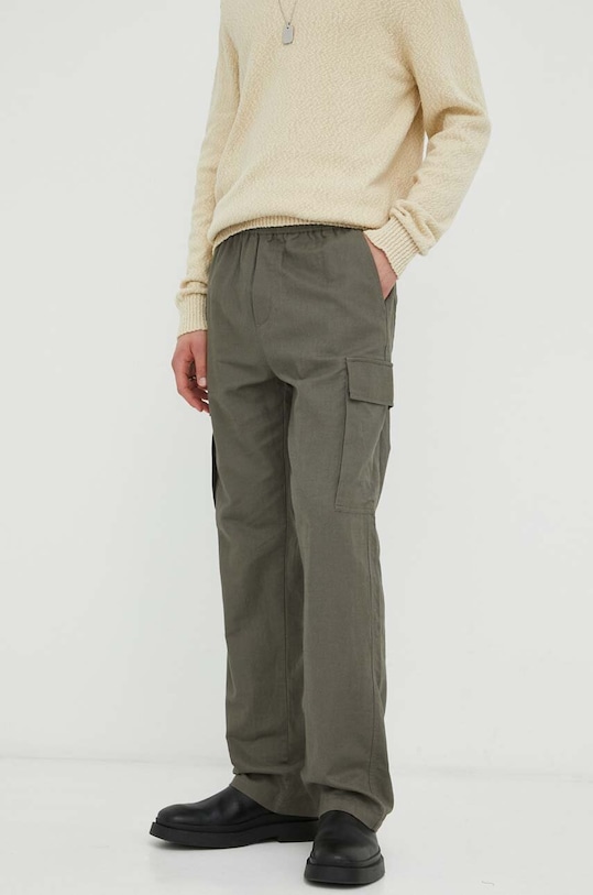 Samsoe Samsoe spodnie z domieszką lnu tkanina zielony M23200065