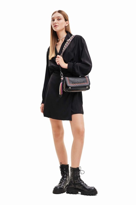 Desigual rochie 23WWVWAI WOMAN WOVEN DRESS LONG SLEEVE negru 23WWVWAI
