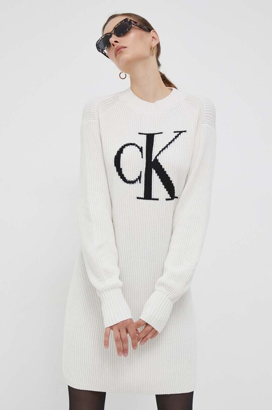 Βαμβακερό φόρεμα Calvin Klein Jeans μπεζ J20J222294