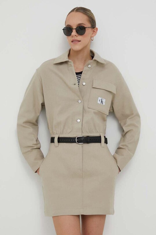 Βαμβακερό φόρεμα Calvin Klein Jeans μακρύ μπεζ J20J222337