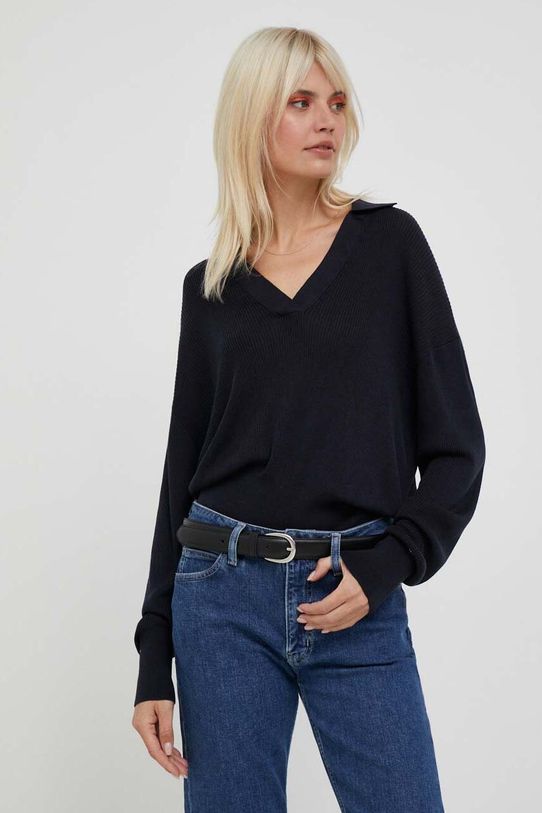 Sveter s prímesou hodvábu Tommy Hilfiger V výstrih tmavomodrá WW0WW38988