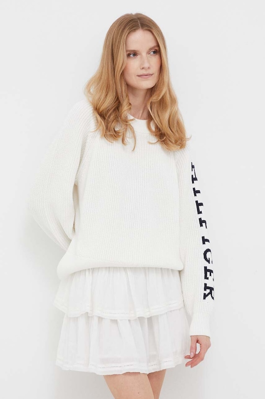 Bavlněný svetr Tommy Hilfiger kulatý béžová WW0WW39002