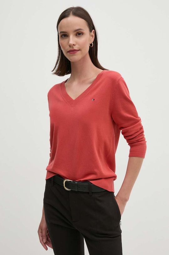 Svetr Tommy Hilfiger V výstřih červená WW0WW40098