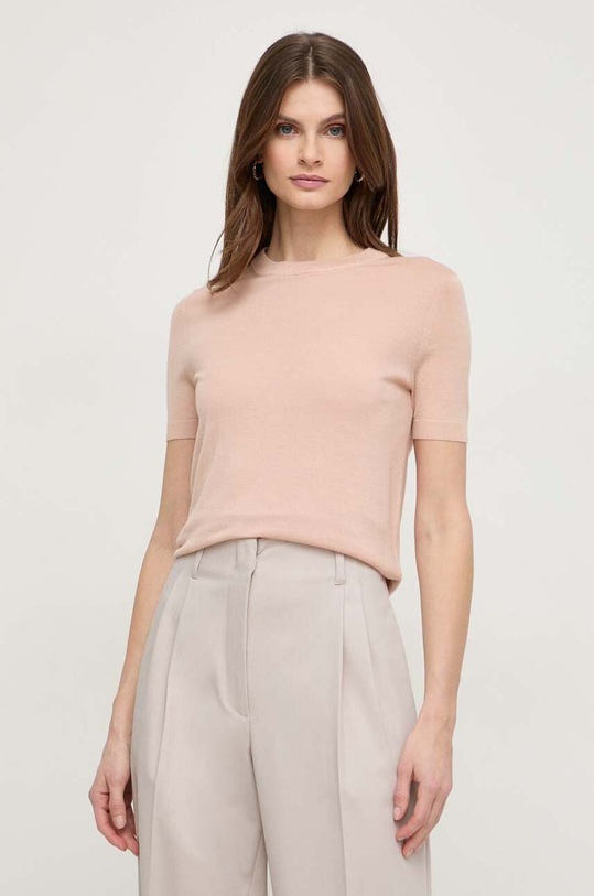 BOSS sweter wełniany okrągły różowy 50492857