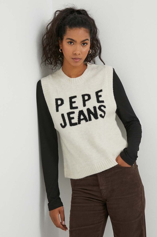 Pepe Jeans kamizelka z domieszką wełny Denisse okrągły beżowy PL702039.804