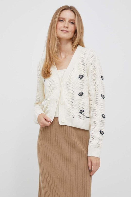 Pepe Jeans kardigan z domieszką wełny z domieszką wełny beżowy PL702066.808