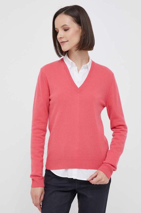 Vlněný svetr United Colors of Benetton V výstřih růžová 1002D4488.26E