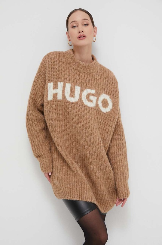 HUGO sweter wełniany 50500799 brązowy AW23
