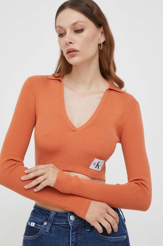 Tričko s dlouhým rukávem Calvin Klein Jeans slim oranžová J20J221969
