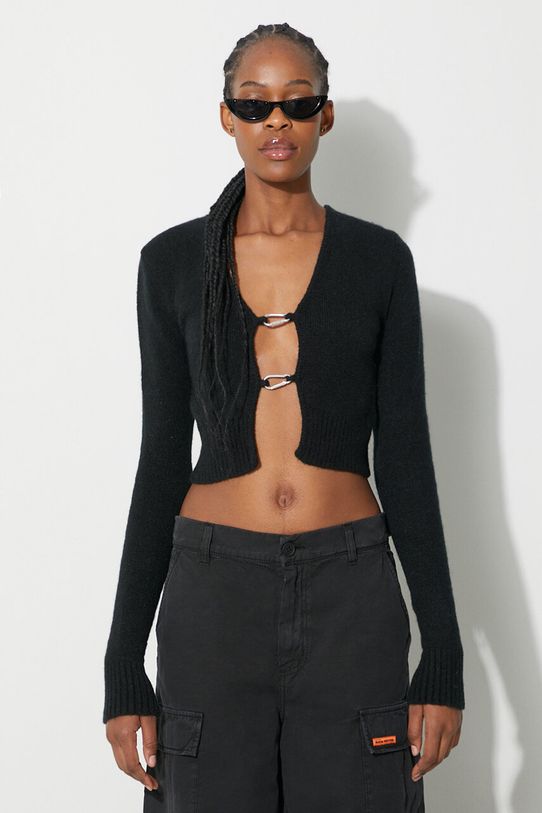 Kardigán s prímesou vlny Heron Preston Carabiner Knit Cardigan jednofarebný čierna HWHB008F23KNI0011000