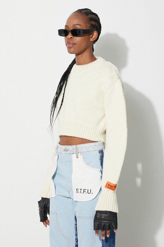 Вълнен пуловер Heron Preston Crop Crewneck Back Cut Out бежов HWHE021F23KNI0010400