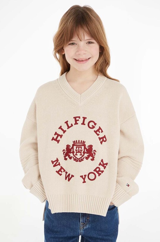 Детский хлопковый свитер Tommy Hilfiger аппликация бежевый KG0KG07626.128.176.9BYX